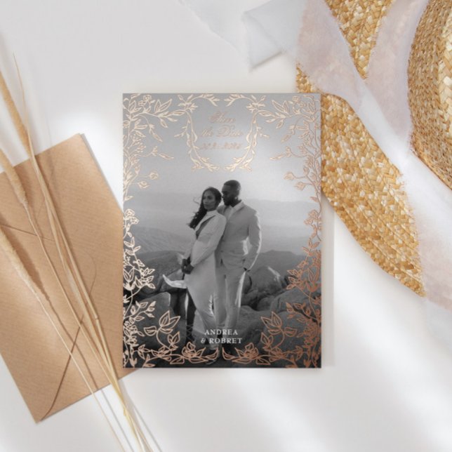 Classical Elegant Crest Save the Date Rose Gold Foil Invitation (Creator Uploaded)