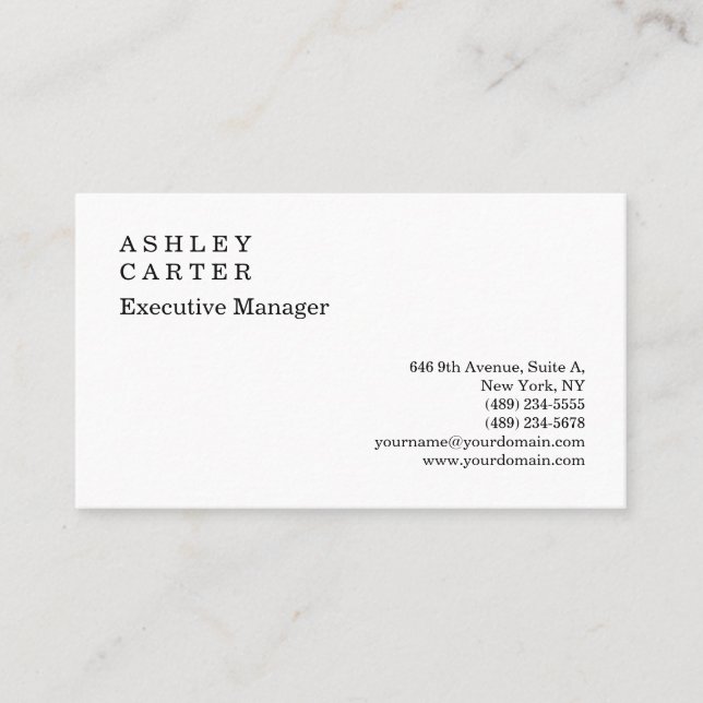 Classical elegant impressive white plain manager business card (Front)