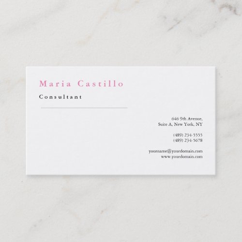 Classical Elegant Pink White Minimalist Plain Business Card