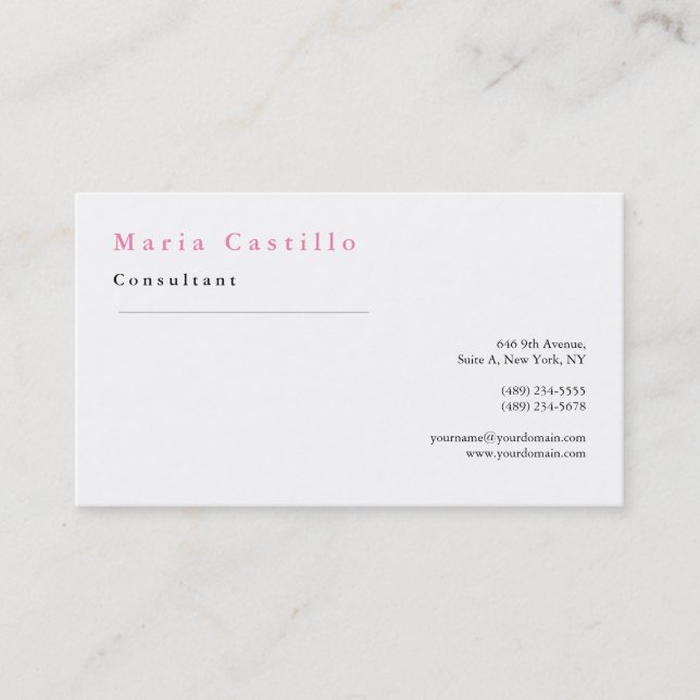 Classical Elegant Pink White Minimalist Plain Business Card (Front)