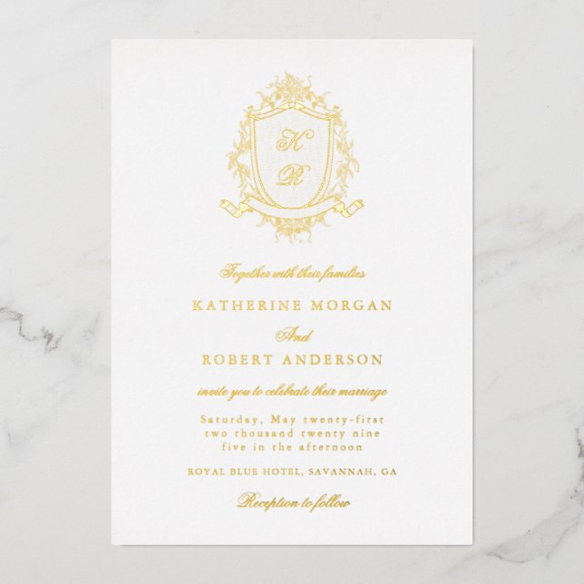 Classical Floral Crest Elegant Wedding Invitation Foil Invitation (Front)