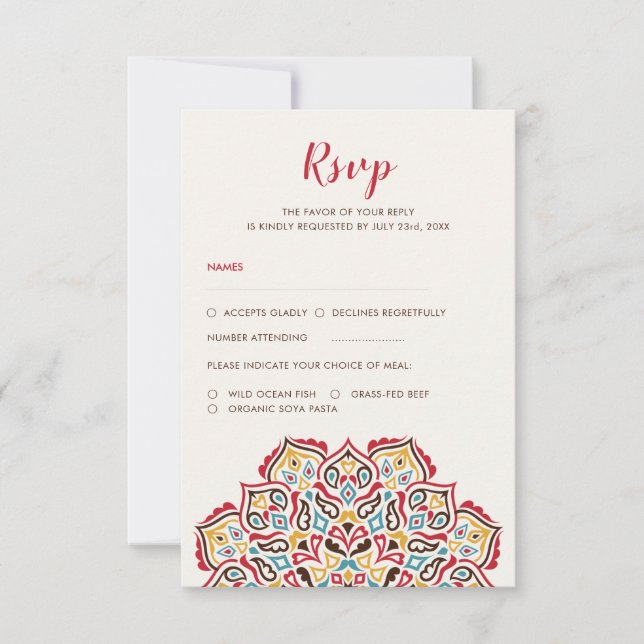 Classical Geometric Mandala Pattern Wedding RSVP Card (Front)
