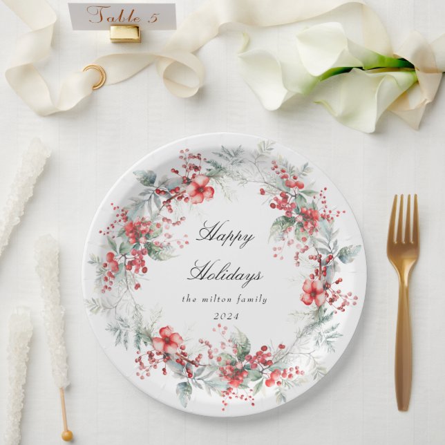 Classical Holiday Berries Monogram Paper Plates (Wedding)