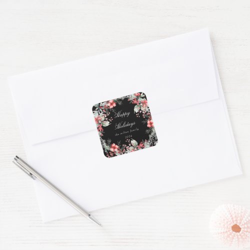 Classical Holiday Berries Monogram Square Sticker