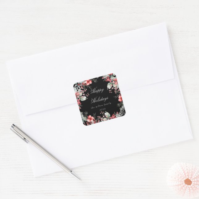 Classical Holiday Berries Monogram Square Sticker (Envelope)