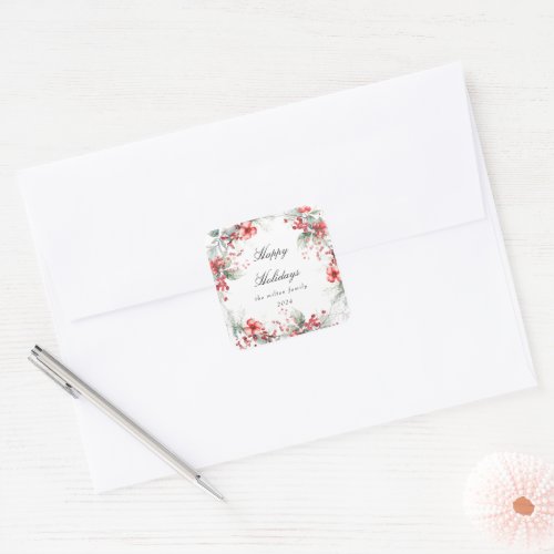 Classical Holiday Berries Monogram Square Sticker