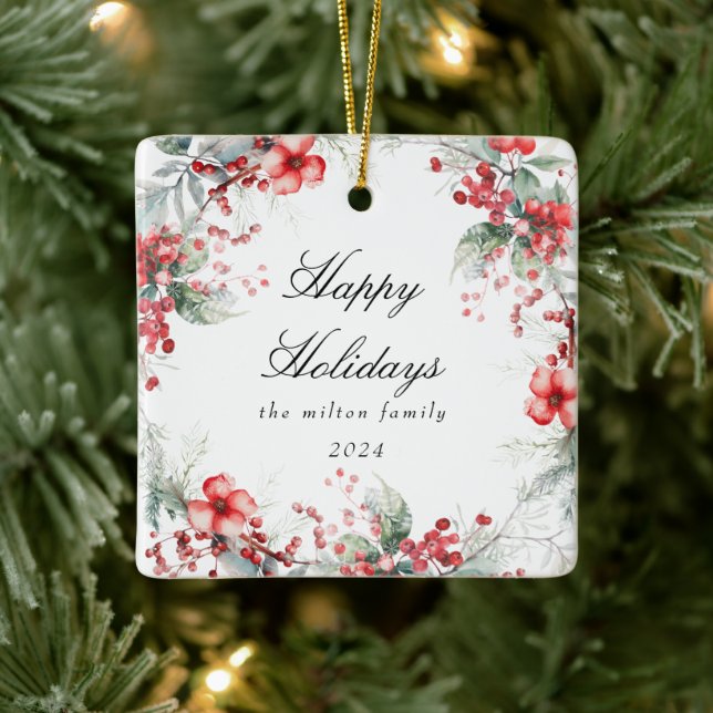 Classical Holiday Berries Photo Monogram Ceramic Ornament (Tree)