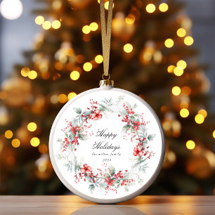 Classical Holiday Berries Photo Monogram Ornament