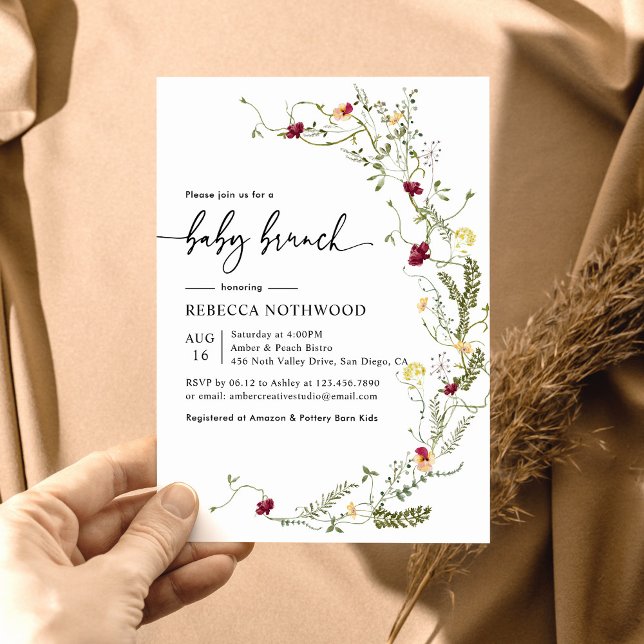 Classical Modern Botanical Wildflower Baby Brunch Invitation (Creator Uploaded)