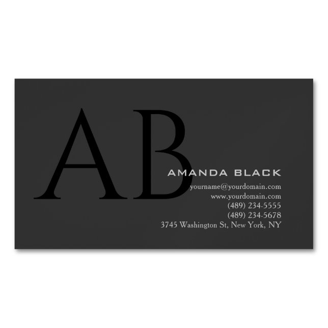 Classical Monogram Custom Grey Black Simple Custom Business Card Magnet (Front)