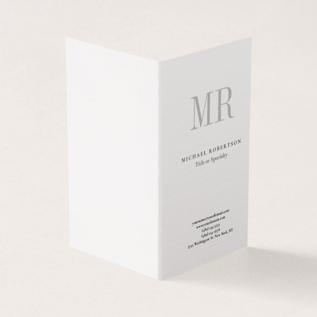 Classical Monogram Grey White Minimalist Linen Business Card (Outside)