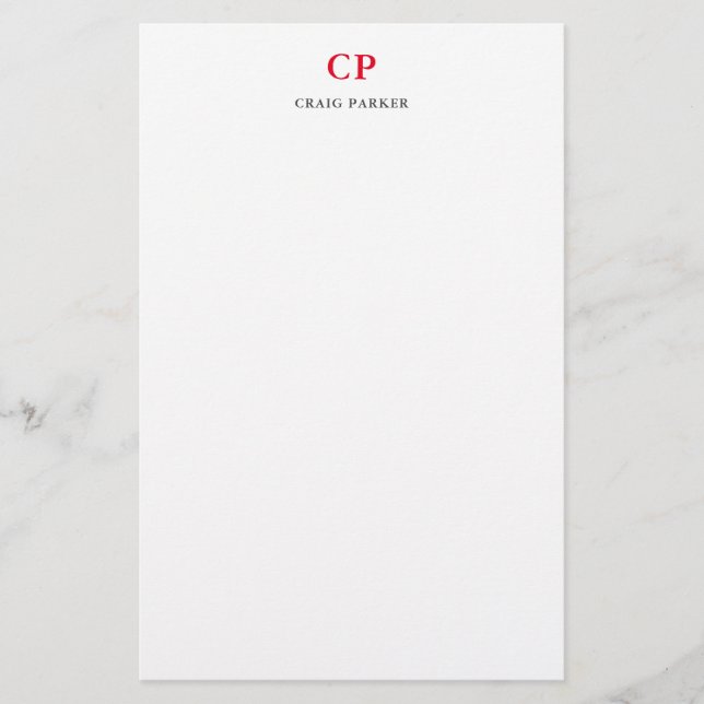Classical Monogram Professional Plain Red White Stationery (Front)