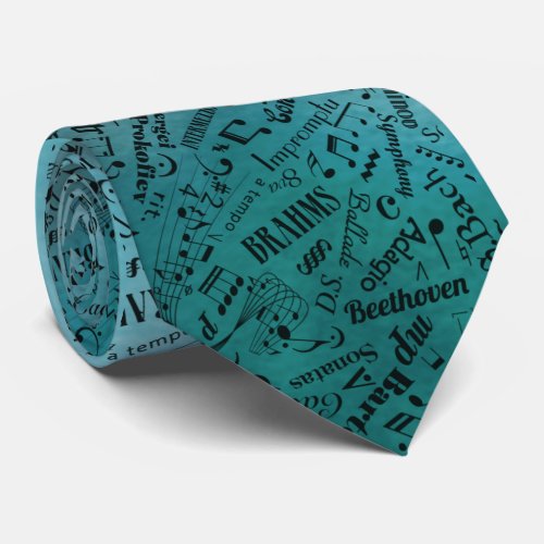 Classical Music Composer Notation Teal Gray Neck Tie