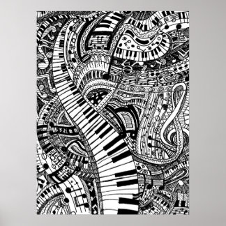 Classical music doodle with piano keyboard poster
