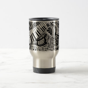 Classical music doodle with piano keyboard travel mug