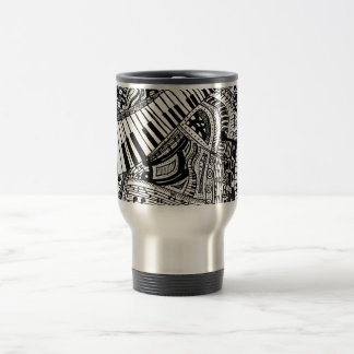 Classical music doodle with piano keyboard travel mug