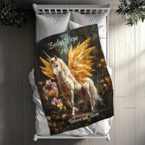 Classical Painting White Pegasus With Golden Wings Fleece Blanket