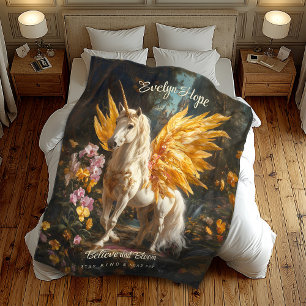 Classical Painting White Pegasus With Golden Wings Fleece Blanket