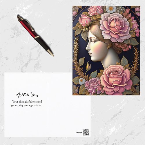Classical Pink Floral Lady Illustration Thank You Postcard