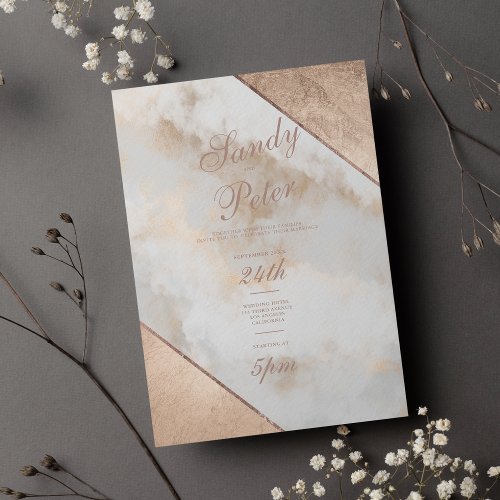 Classical rose gold calligraphy marble wedding invitation