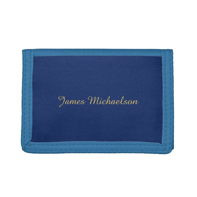 Classical Script Calligraphy Name Blue & Gold Tri-fold Wallet (Front)