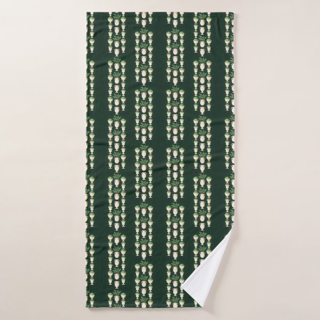 Classical vases and greenery on a dark green bath towel (Bath Towel)