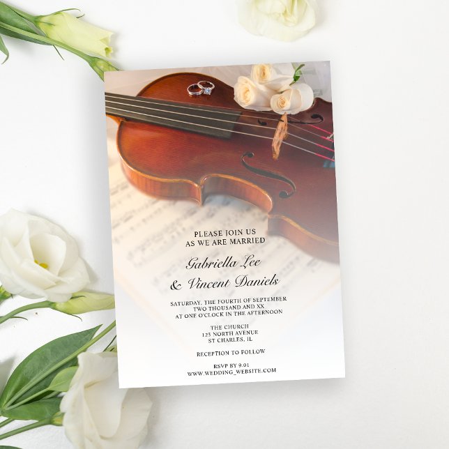 Classical Violin and White Roses Wedding Invitation (Invite guests to a musical marriage ceremony with the elegant Violin & White Rose Wedding Invitation)