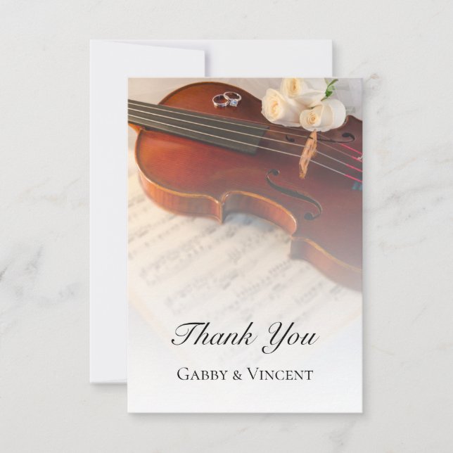 Classical Violin and White Roses Wedding Thank You Card (Front)