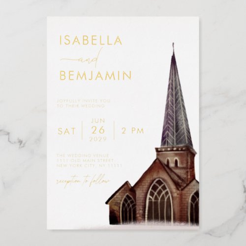Classical Watercolor Church Religious Wedding Foil Invitation