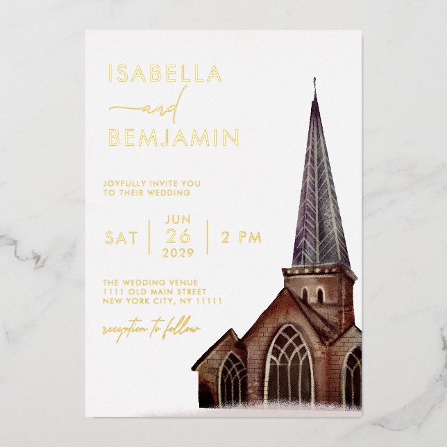 Classical Watercolor Church Religious Wedding Foil Invitation (Front)