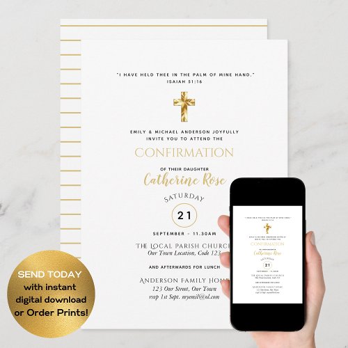 Classical White Confirmation Invite Gold Elegant