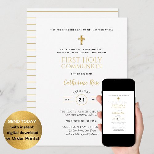 Classical White Holy Communion Invite Gold Elegant