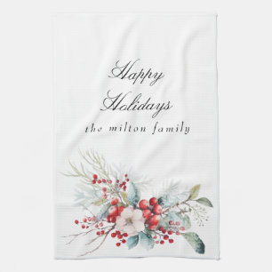 Classical Winter Holiday Berries Monogram Kitchen Towel