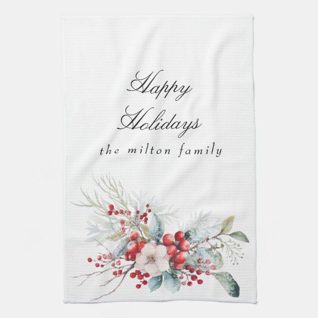 Classical Winter Holiday Berries Monogram Kitchen Towel (Vertical)