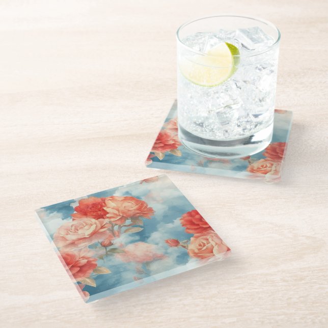 Classics - Angelic Pink and Red Roses in soft clou Glass Coaster (Angled)