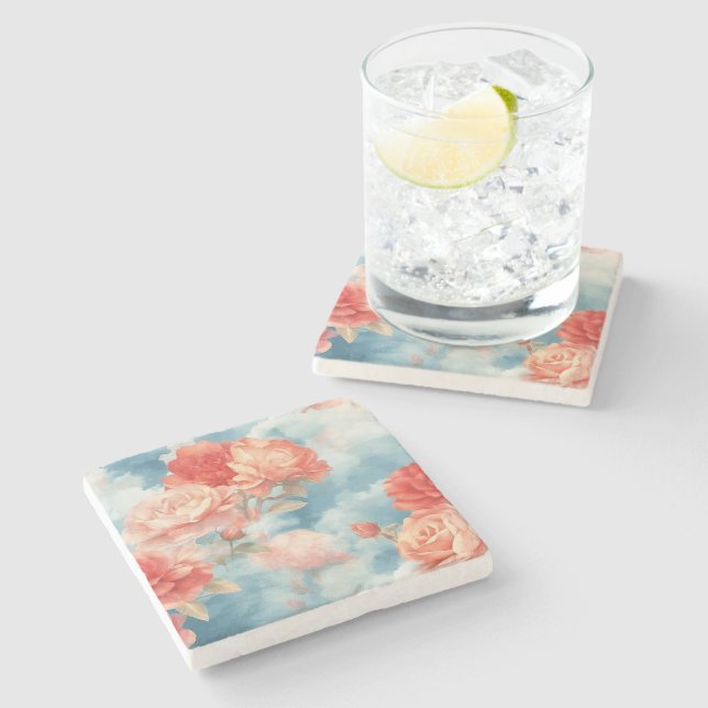 Classics - Angelic Pink and Red Roses in soft clou Stone Coaster (Side)