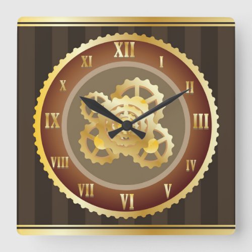 Classie Gold with Wood Background Roman Numeral Square Wall Clock