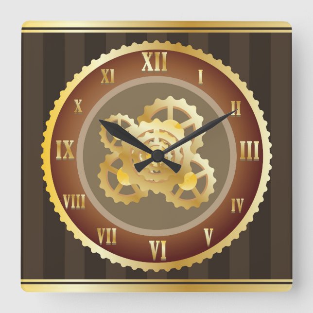 Classie Gold with Wood Background Roman Numeral Square Wall Clock (Front)
