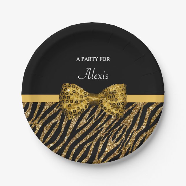Classly Gold Zebra Print FAUX Glitz Bow With Name Paper Plates (Front)