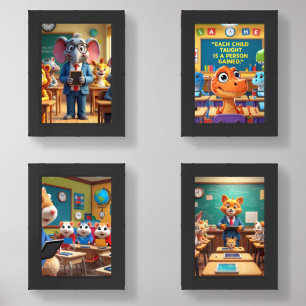 Classroom animals in a mixture Back School Poster Wall Art Sets
