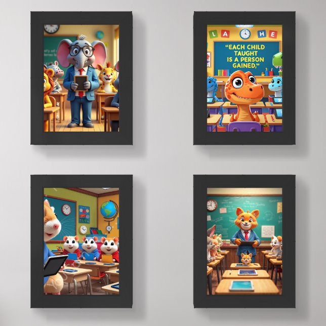 Classroom animals in a mixture Back School Poster Wall Art Sets (Front)