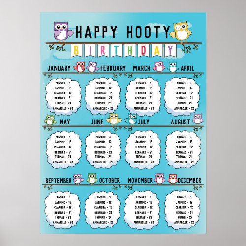Classroom Birthday Board in Cute Owl Theme Poster