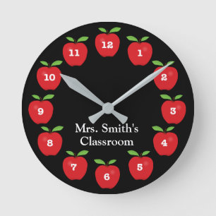 Classroom Clock with Apples on Black