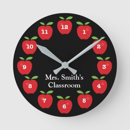 Classroom Clock with Apples on Black