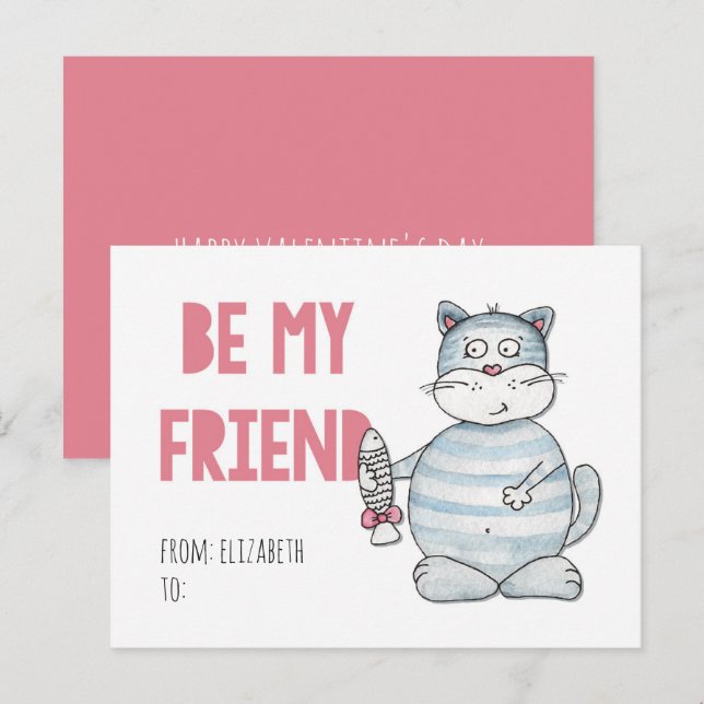 Classroom kids Valentines. Cute cat. Be my friend Holiday Postcard (Front/Back)
