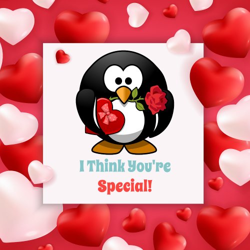 Classroom Kids Valentines Day Penguin Heart Note Card