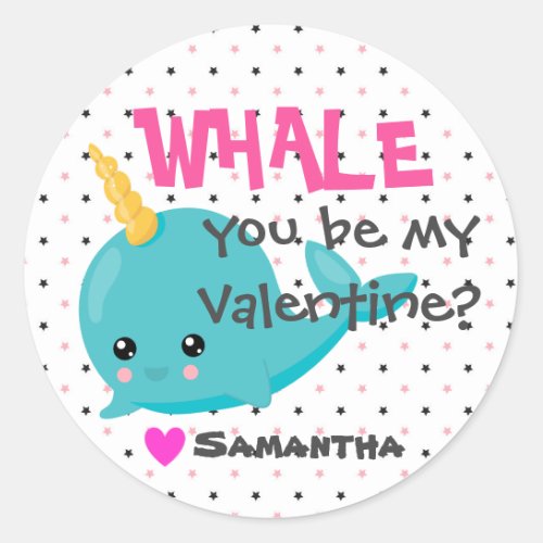 Classroom Narwhal Valentine Whale you be mine Classic Round Sticker