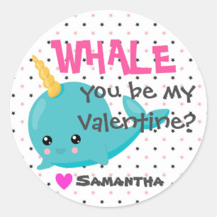 Classroom Narwhal Valentine "Whale you be mine" Classic Round Sticker