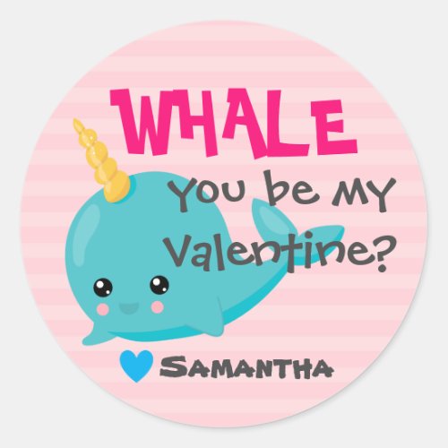 Classroom Narwhal Valentine Whale you be mine Classic Round Sticker