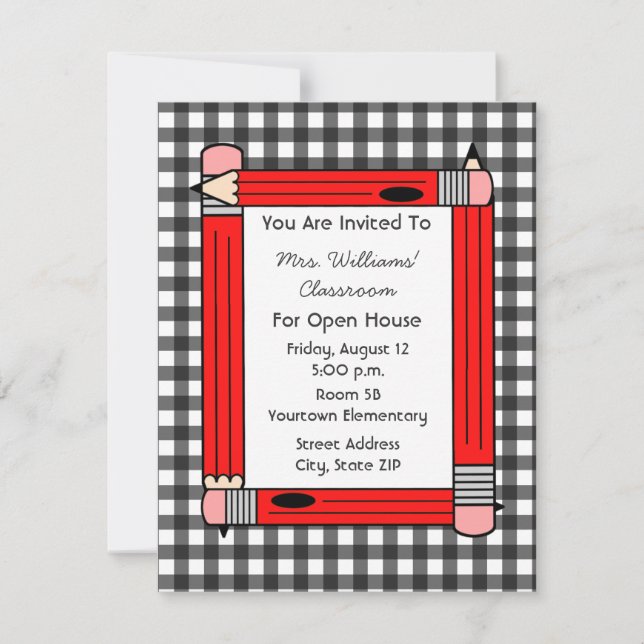 Classroom Open House: Red Pencils, Gray Gingham Invitation (Front)